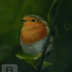 painting of a small orange-breasted bird perched on a branch against a dark green background