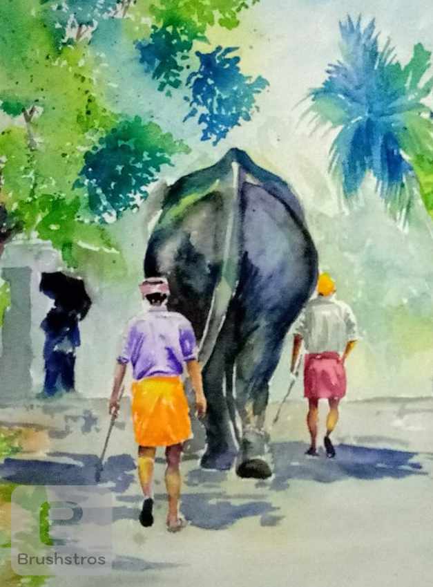 Watercolor painting showing two men walking alongside a large elephant on a sunlit road lined with trees