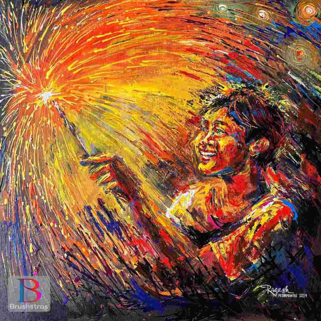 Festival of Joy – original 24x24 inch acrylic painting on canvas showing a child holding a sparkler, vibrant colorful fine art by Brushstros.