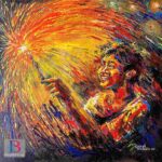 Festival of Joy – original 24x24 inch acrylic painting on canvas showing a child holding a sparkler, vibrant colorful fine art by Brushstros.
