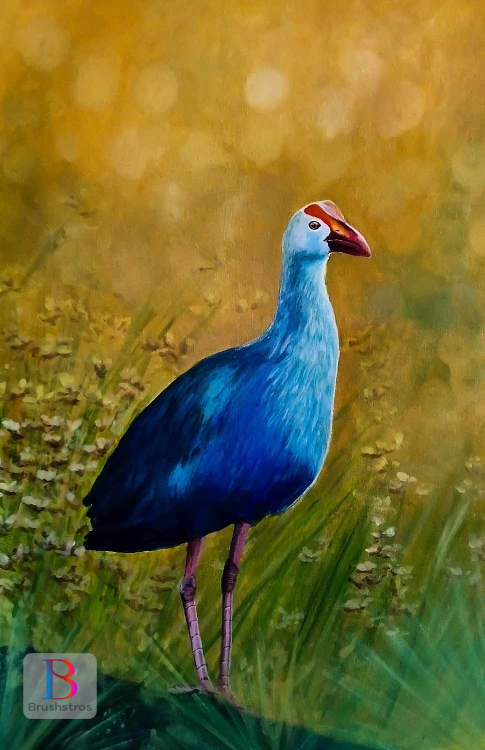 Painting of a Grey-Headed Swamphen with bright blue feathers standing in green marsh grass against a glowing golden background.