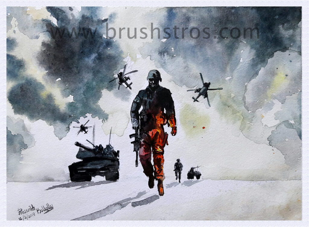 "Original watercolor painting depicting a lone soldier walking through a smoky battlefield with helicopters overhead and armored vehicles in the background, rendered in dramatic gray, blue, and orange tones."