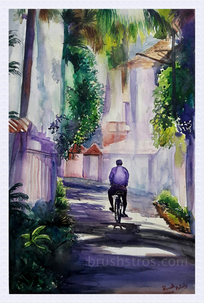 Original watercolor painting on handmade paper showing a cyclist riding through a tropical lane lined with palm trees and sunlit foliage.